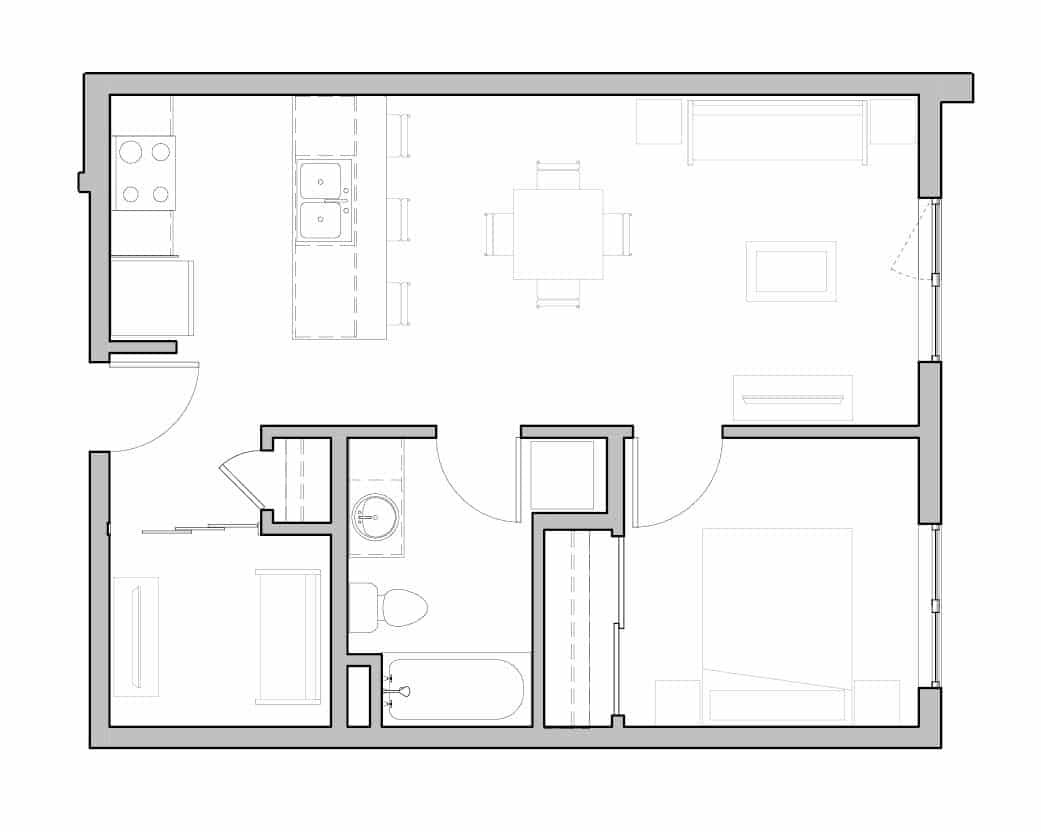 One Bath and One Bedroom open floorplan at Seattle's Ivy at Interbay.