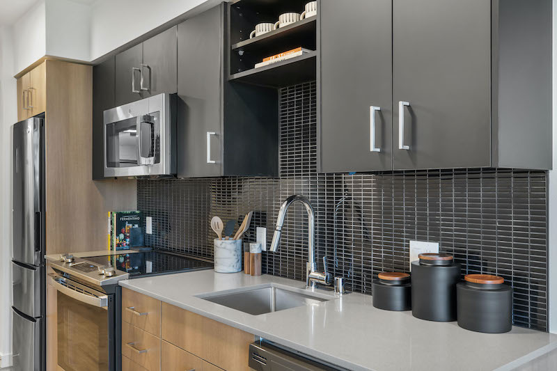 Kitchen and countertop at an apartment at Ivy Interbay