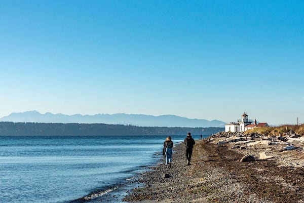 Two people hiking at the beach in Seattle by Interbay with Discover Park in the mid right of the image.