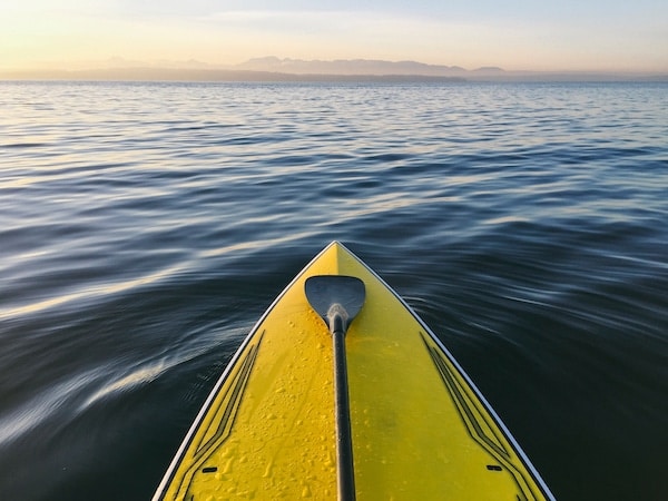 Stand Up Paddle Board On Calm Waters At Dusk, Puget Sound, Washington